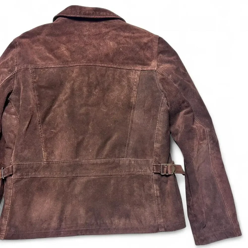 Casual Corner Vintage 90s Made in Italy Brown Suede Leather Trucker Jacket Sm